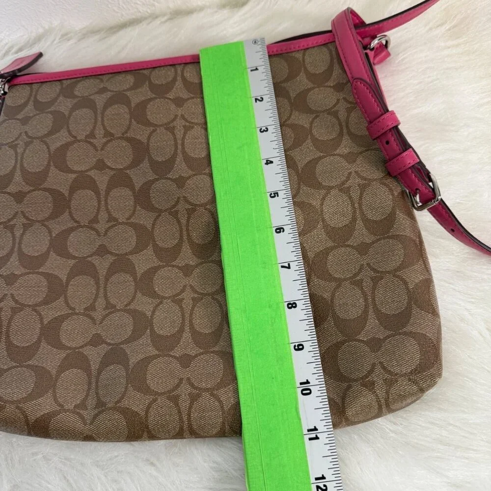 Coach Large File Shoulder Bag Signature PVC Canvas Khaki Dahlia Pink F58297